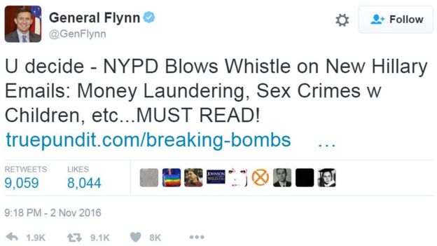 Michael Flynn Snr has also tweeted out bizarre conspiracy theories linking Hillary Clinton to paedophilia
